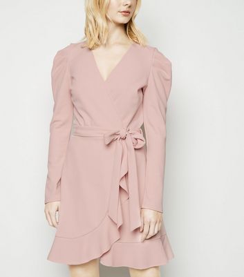 Pale Pink Puff Shoulder Mini Wrap Dress ...